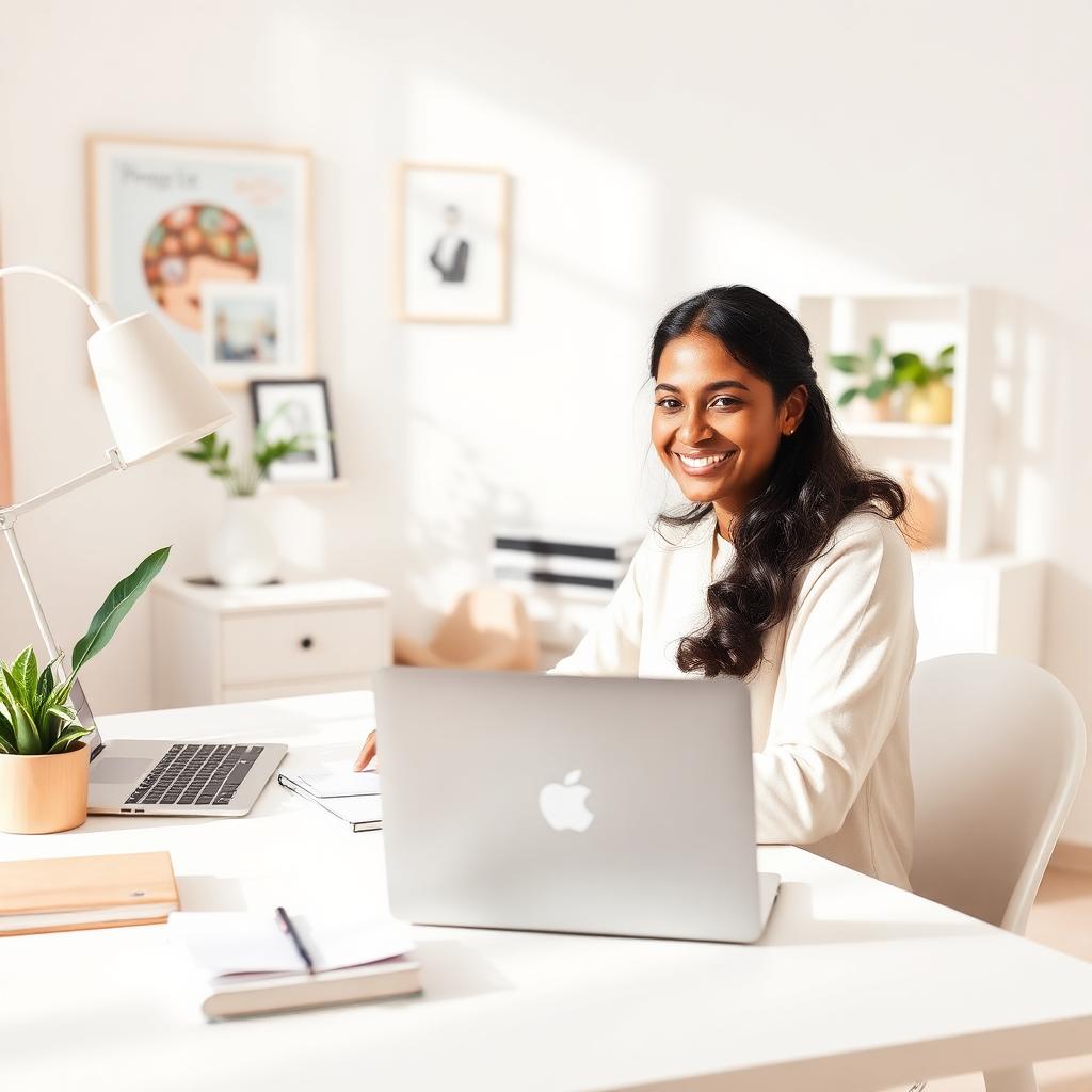Member working from home with notebooks and a laptop